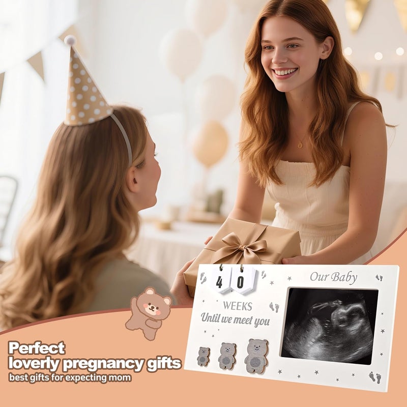 DACO MIN Pregnancy Countdown Sonogram Picture Frame with Number Cards & Newborn Handprint Kit – Bear-Themed Ultrasound Keepsake Gift for Expecting Parents & Grandparent Reveal (Grey) - Image 5